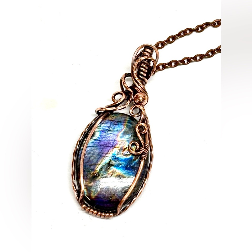 HAND CRAFTED Labradorite Wire Wrapped Copper Pendant Necklace, Handmade Jewelry